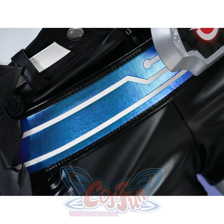 Silver Wolf cosplay waist area close-up showing blue metallic belt stripe across black leather jacket