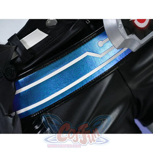 Silver Wolf cosplay waist area close-up showing blue metallic belt stripe across black leather jacket
