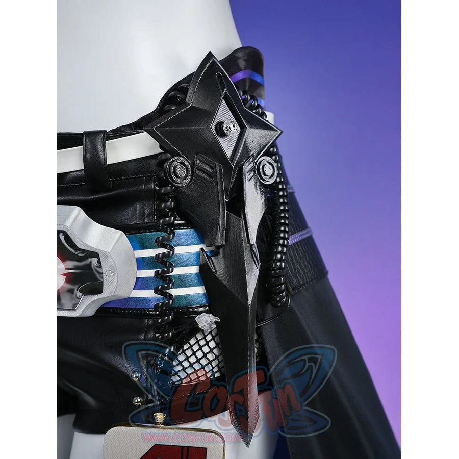 Silver Wolf cosplay waist detail with black star-shaped mecha prop, belt, and fishnet shorts visible