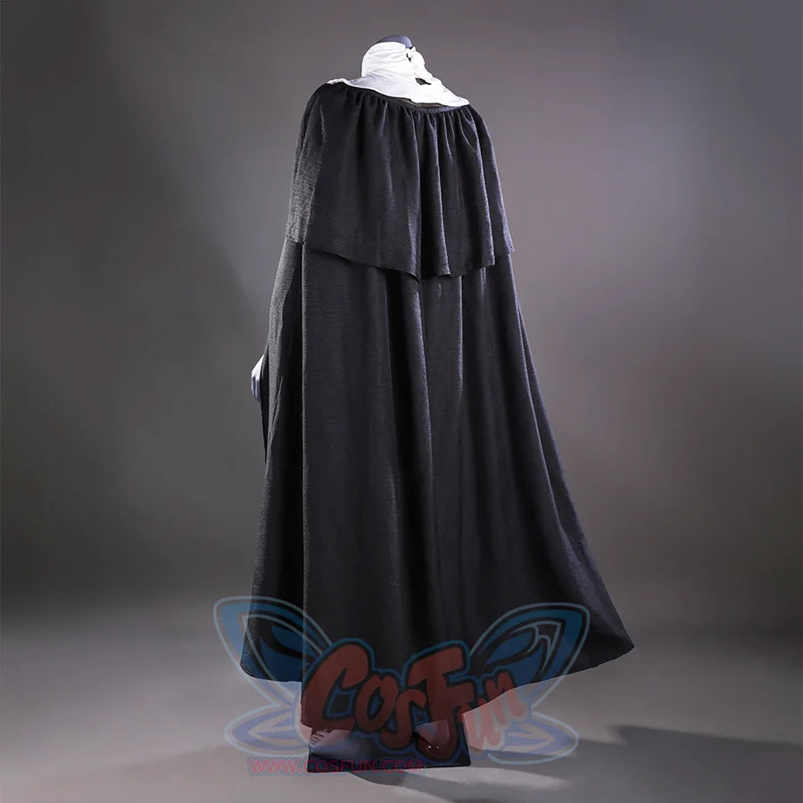 The back view of the Sister Friede cosplay costume, showcasing the full length of the black cloak and its flowing design.