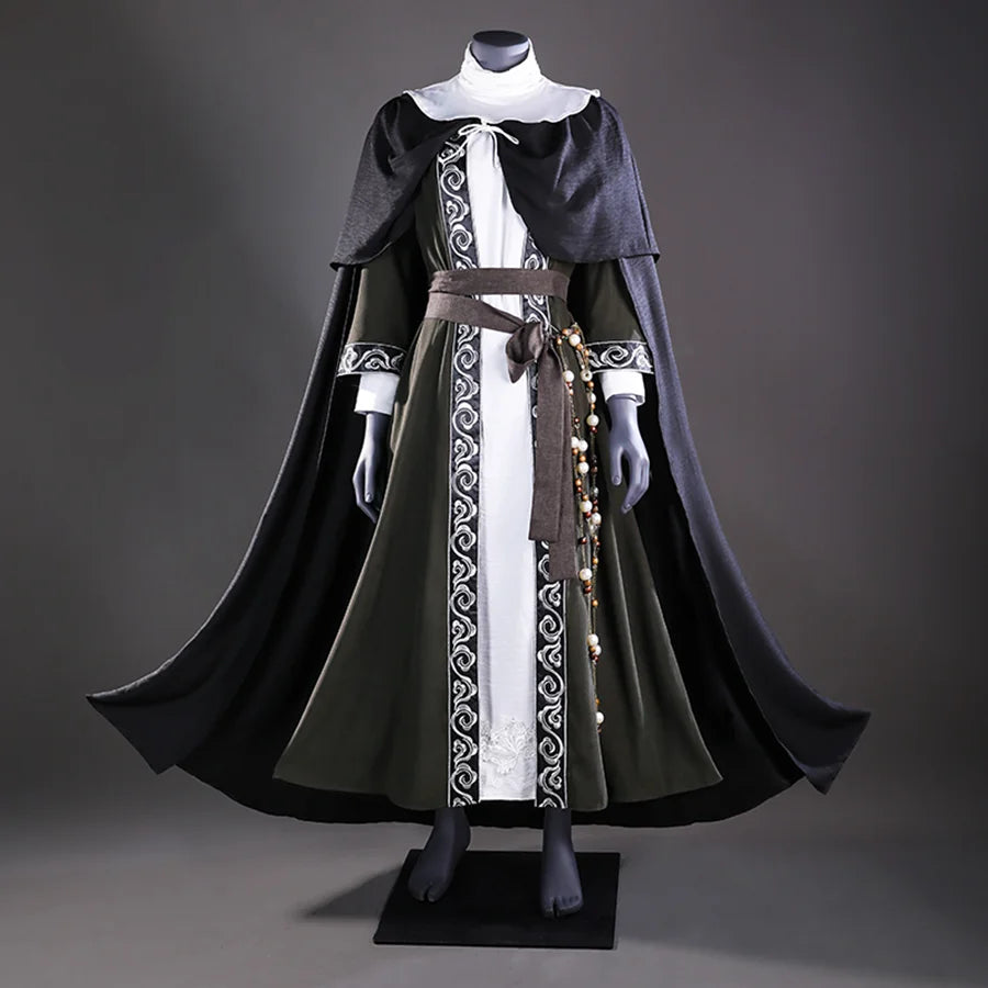 Sister Friede cosplay costume, showing the full set of clothing including the white inner garment, dark green outer robe, and black cloak with silver patterns.