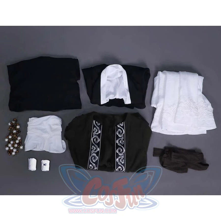 This image shows all the components of the Sister Friede cosplay costume laid out, including the outer robe, inner garment, cloak, belt, and beads.