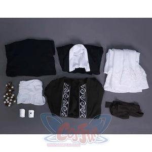 This image shows all the components of the Sister Friede cosplay costume laid out, including the outer robe, inner garment, cloak, belt, and beads.