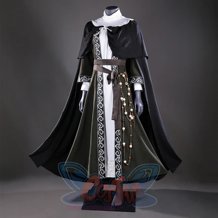 A side view of the Sister Friede cosplay costume, highlighting the layered design of the cloak and the overall silhouette of the outfit.