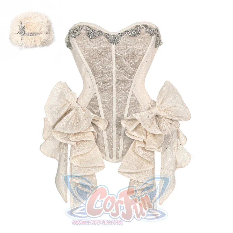 Crystal Fishbone Corset with optional faux fur hat accessory featuring rhinestone embellishment