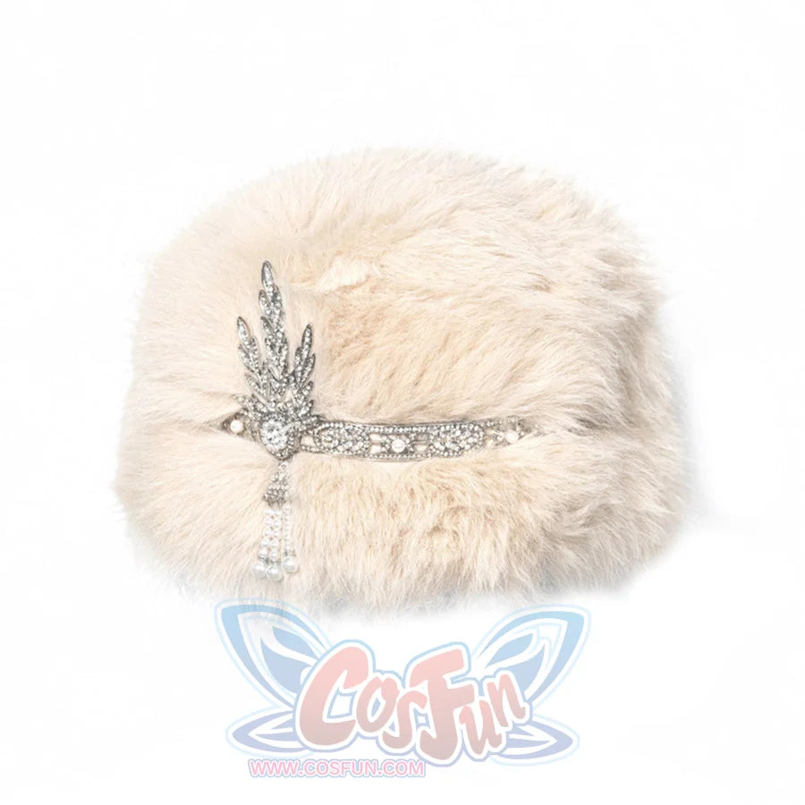 Luxury faux fur hat with rhinestone brooch detail for crystal fishbone corset ensemble