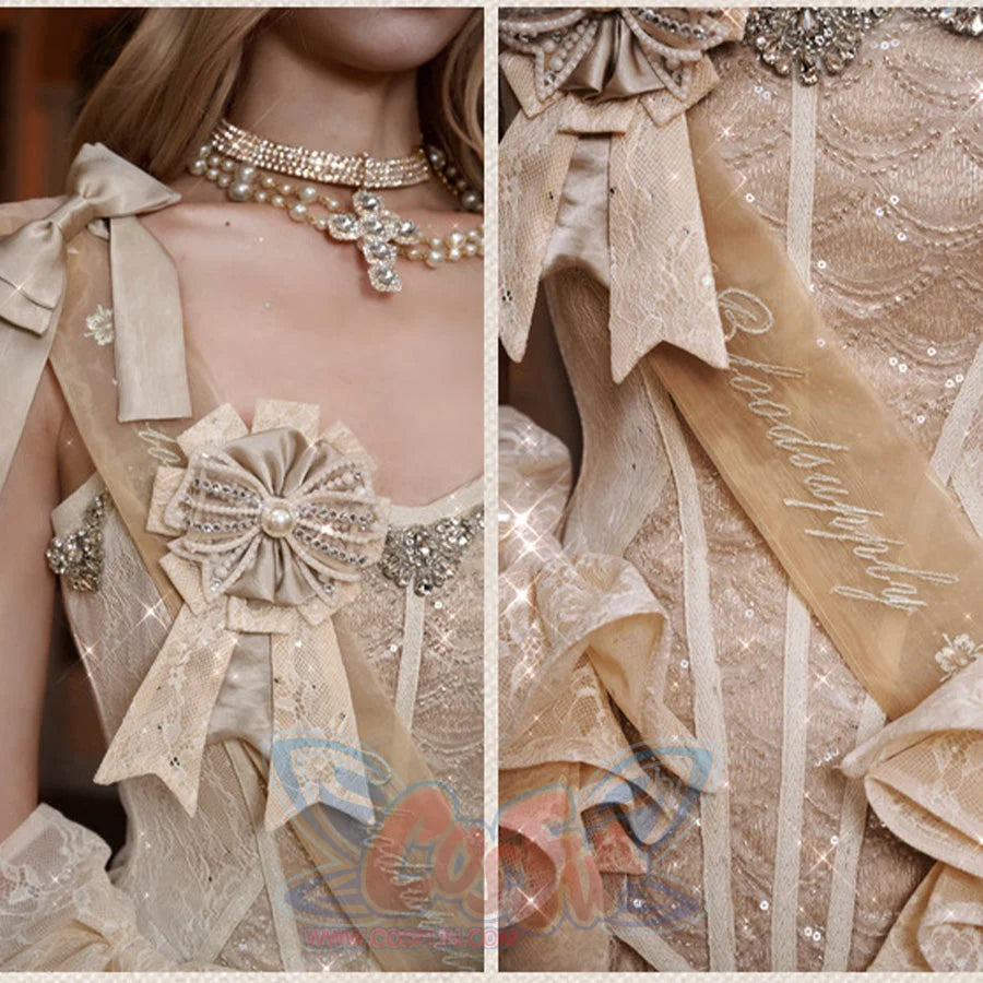 Elegant crystal fishbone corset evening dress with removable bow details and ruffled skirt design