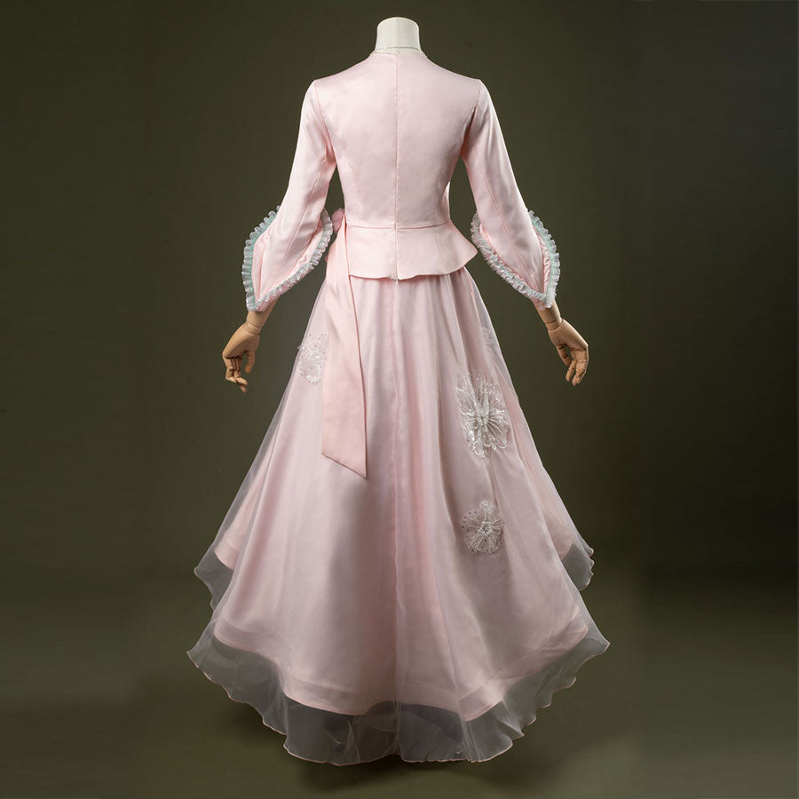 Glinda cosplay costume set featuring pastel pink vintage-inspired gown, ruffled lace cuffs, lace-trimmed sweetheart top, tulle overlay skirt, and necklace. Back side views.