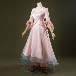 Glinda cosplay costume size view. featuring pastel pink vintage-inspired gown, ruffled lace cuffs, lace-trimmed sweetheart top, tulle overlay skirt, and necklace.