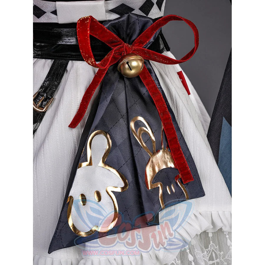 Sparxie cosplay costume apron panel with gold rabbit appliqués on dark quilted fabric, topped with red velvet bow and bell