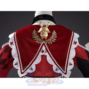 Sparxie cosplay costume back cape with gold rabbit brooch and laurel wreath, scalloped white lace trim and diamond pattern