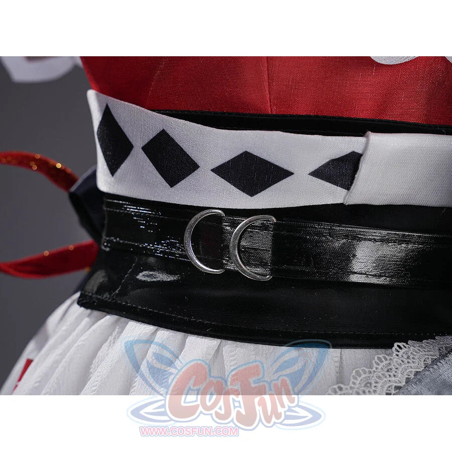 Sparxie cosplay costume waist detail showing black PU belt with D-ring buckle and white diamond checkered waistband