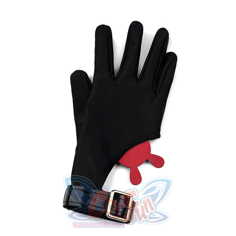 Sparxie cosplay costume black fabric glove with brown leather cuff, gold square buckle, and red frill trim at wrist