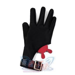 Sparxie cosplay costume black fabric glove with brown leather cuff, gold square buckle, and red frill trim at wrist