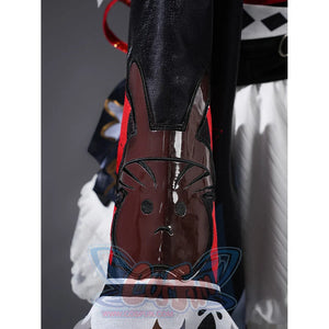 Sparxie cosplay costume boot close-up showing dark brown glossy leather with sculpted rabbit face and ear design on front