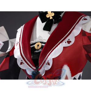 Sparxie cosplay costume chest and cape close-up with card motif lace trim, black velvet bow, and gold club brooch
