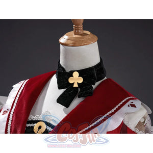 Sparxie cosplay costume accessory detail showing gold clover brooch and black velvet bow on the collar area