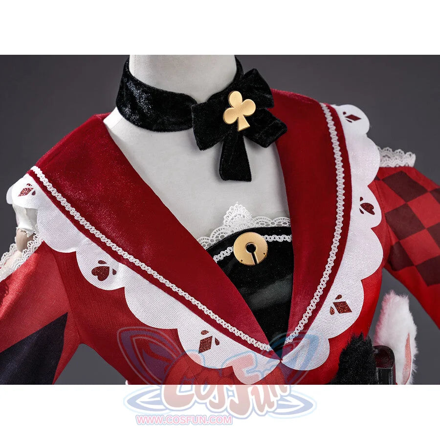 Sparxie cosplay costume neckline close-up with black velvet choker, gold club brooch, and red cape with lace trim