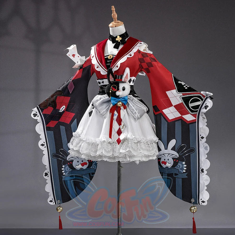 Sparxie cosplay costume front angle view featuring rabbit plush accessory, red patchwork sleeves, and white lace skirt