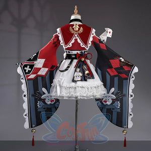 Honkai Star Rail Sparxie cosplay costume full set back view showing red cape with card motifs and white lace skirt