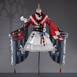 Honkai Star Rail Sparxie cosplay costume full set front view with red patchwork top, lace skirt, and wide sleeves