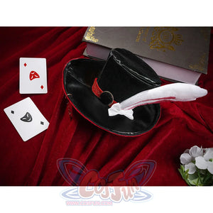 Sparxie cosplay costume flat lay with black top hat, white rabbit ear, custom playing cards, ornate book on red velvet