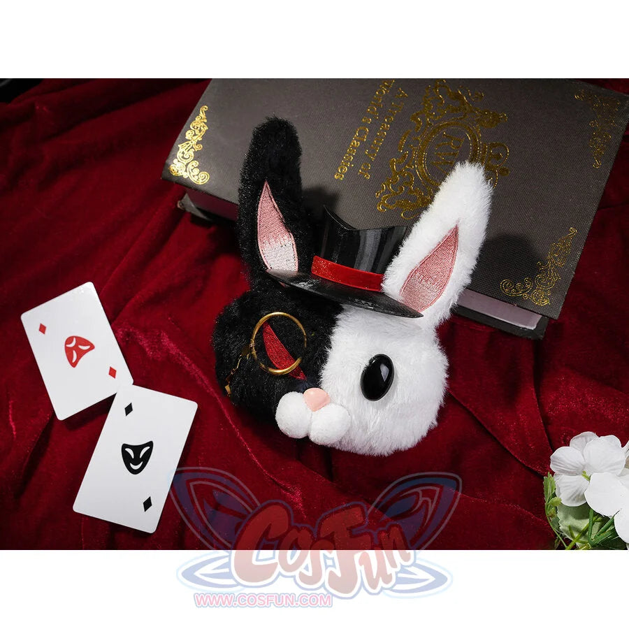 Sparxie cosplay costume rabbit plush doll accessory with top hat and monocle, displayed on red velvet with playing cards
