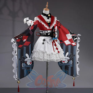 Sparxie cosplay costume side view showing detailed cape with playing card patterns and layered white lace skirt