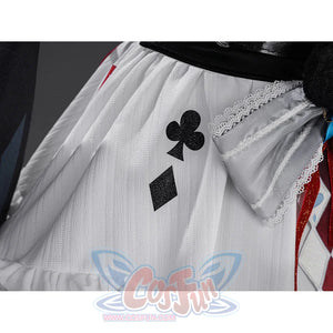 Sparxie cosplay costume white lace skirt close-up with embroidered card suit symbols including club and diamond