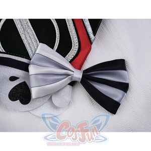 Sparxie cosplay costume black and white striped satin bow ribbon accessory with rabbit plush detail in background