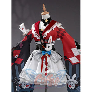 Sparxie cosplay costume upper body close-up showing red patchwork top, rabbit plush, bow and bell details