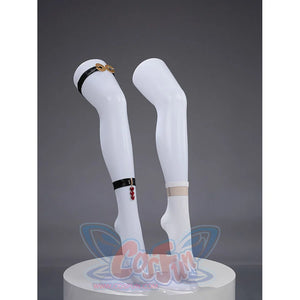 Sparxie cosplay costume white thigh-high stockings pair, one with black garter strap, gold buckle, and red heart charms