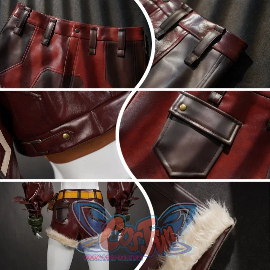 Features a close-up of the brown shorts with fur trim and green gloves, emphasizing pocket and belt details.