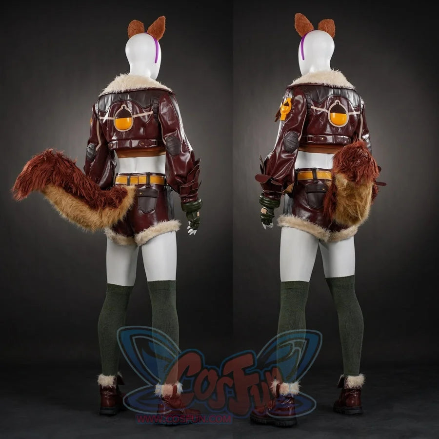 Displays two back views of the outfit, showcasing the design on the back of the jacket and the tail from behind.