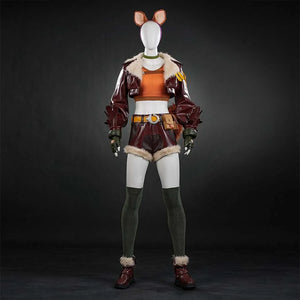 Shows the full Doreen Green cosplay outfit on a mannequin, including jacket, top, shorts, leg warmers, shoes, and accessories like ears.