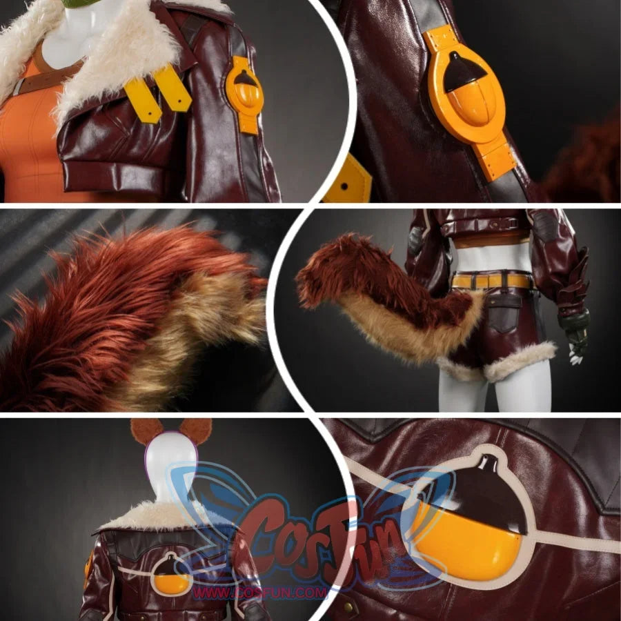 Highlights details on the jacket such as orange decorations and the furry tail, with close-ups of these elements.