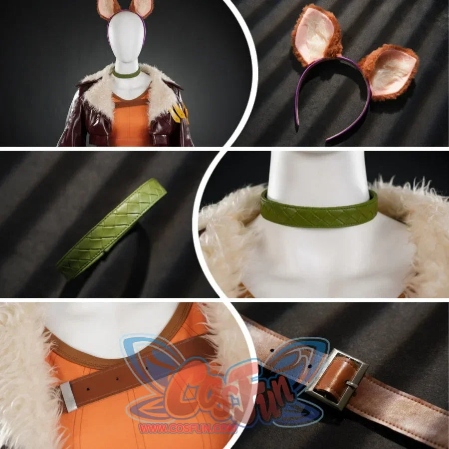 Shows close-ups of accessories like the ear headband, green choker, and belts on the top, from different angles.