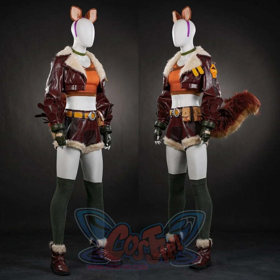 Shows the full Doreen Green cosplay outfit on a mannequin, including jacket, top, shorts, leg warmers, shoes, and accessories like ears.