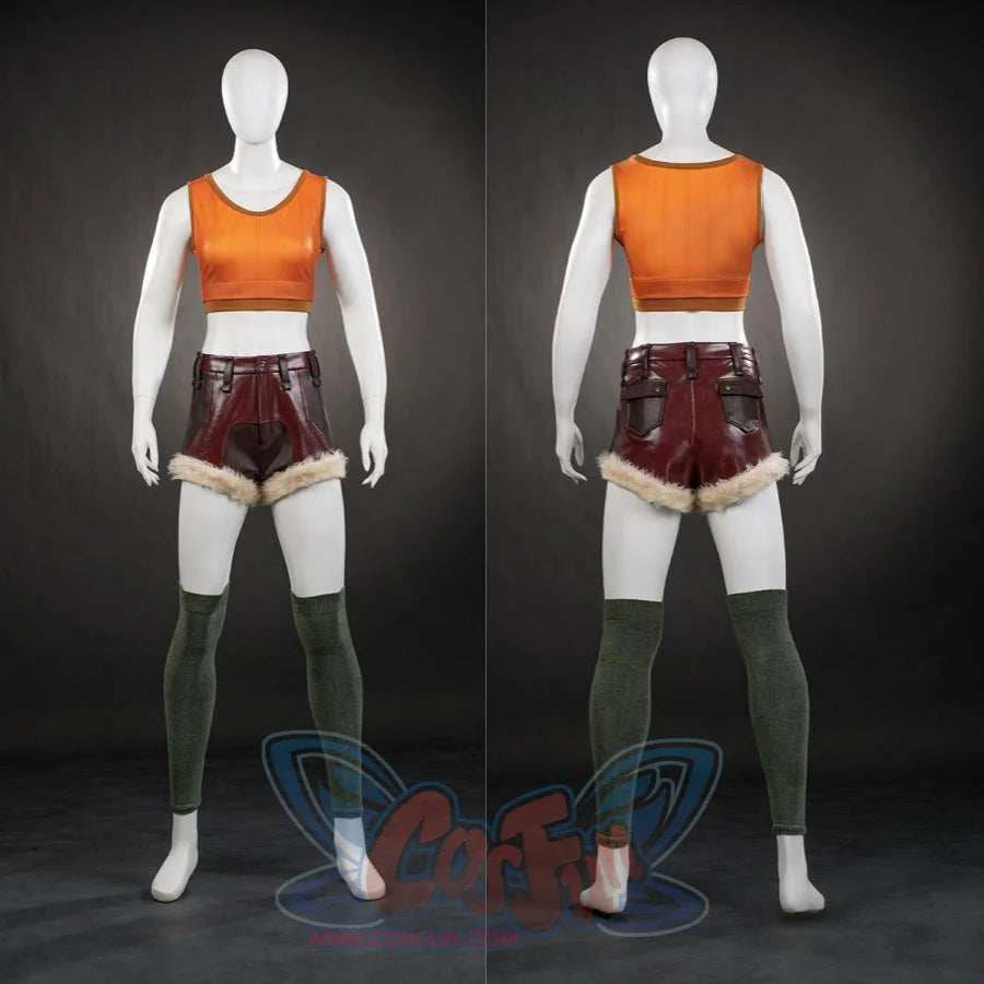 Shows the orange crop top and brown shorts without outer layers, front and back views.