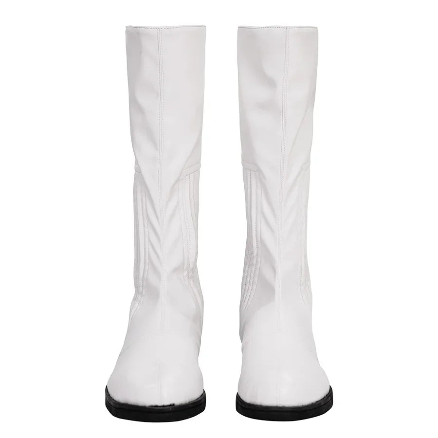 Star Princess Leia Cosplay Boots, white knee-high boots with black soles, front view.