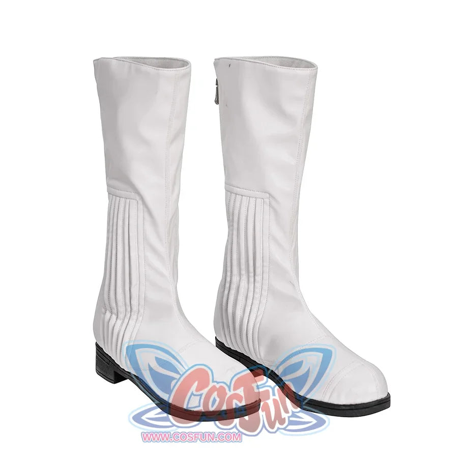 Star Princess Leia Cosplay Boots, white knee-high boots with black soles, front view.