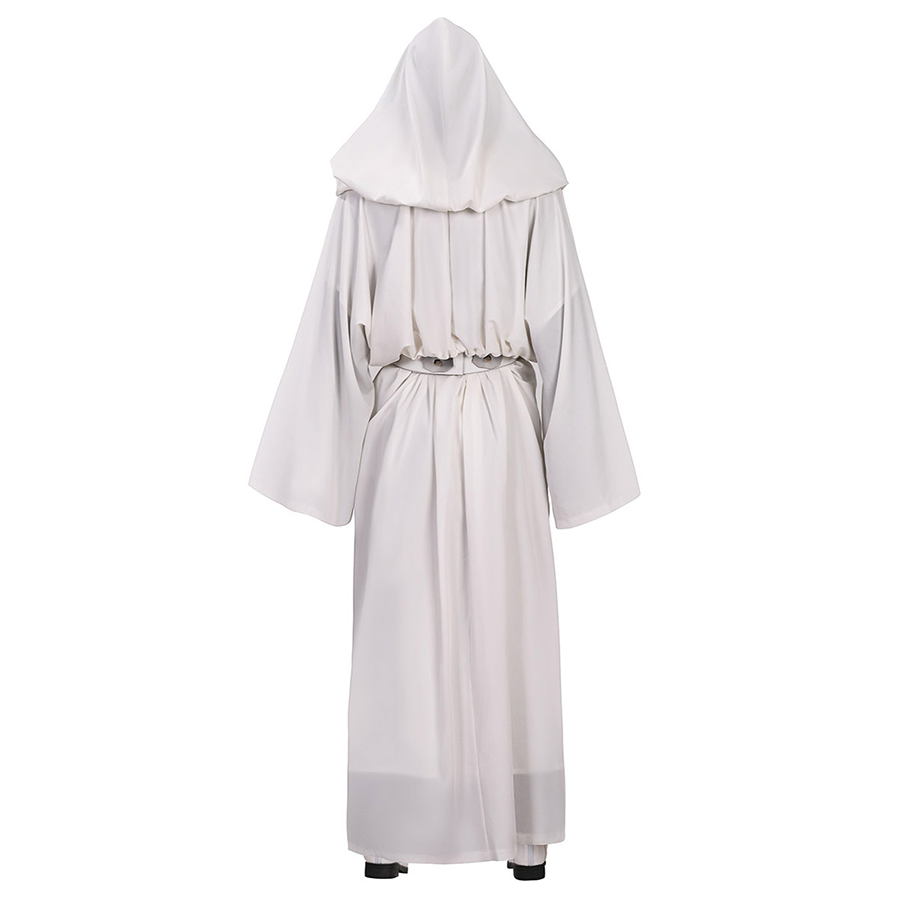 Star Princess Leia Cosplay Costume, white hooded robe and matching belt, back view.