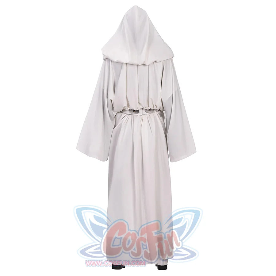 Star Princess Leia Cosplay Costume, white hooded robe and matching belt, front view. shoes not included in the set.