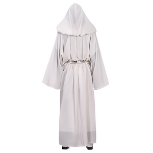 Star Princess Leia Cosplay Costume, white hooded robe and matching belt, back view.
