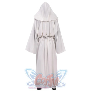 Star Princess Leia Cosplay Costume, white hooded robe and matching belt, back view.