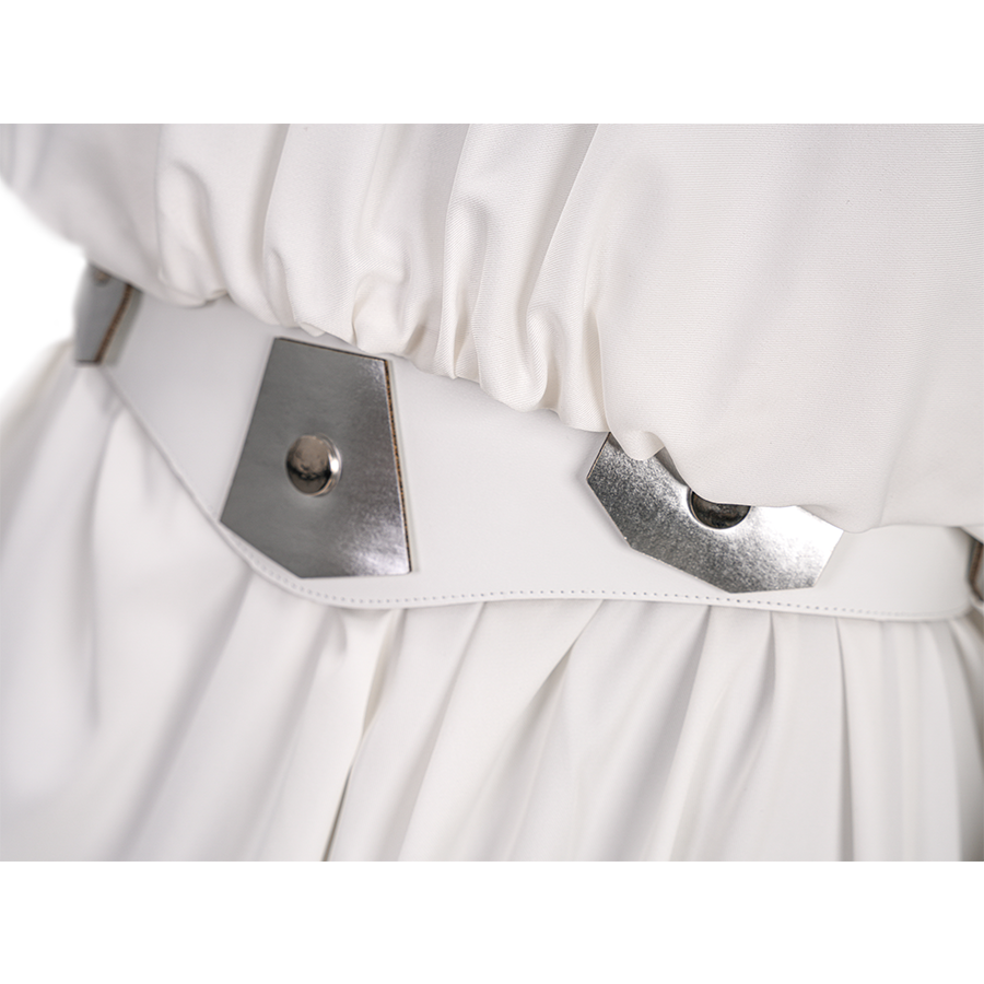 Star Princess Leia Cosplay Costume, the sliver geometric decorations is secured with snap fasteners.