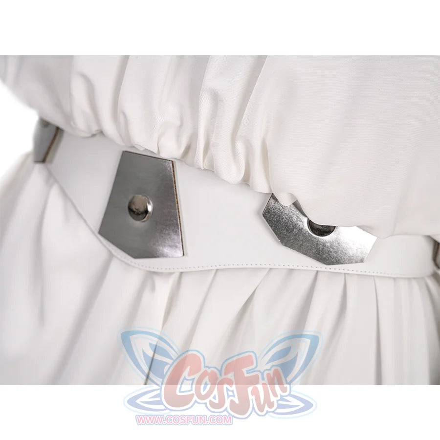 Star Princess Leia Cosplay Costume, the sliver geometric decorations is secured with snap fasteners.