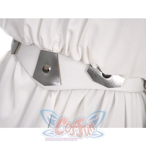 Star Princess Leia Cosplay Costume, the sliver geometric decorations is secured with snap fasteners.