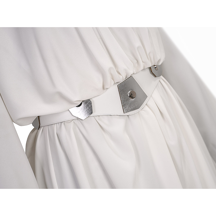 Star Princess Leia Cosplay Costume, White PU leather belt with sliver geometric decorations.