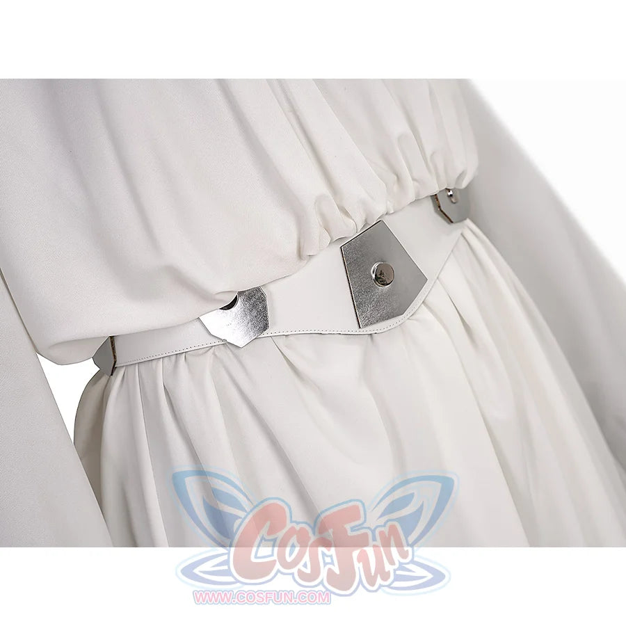 Star Princess Leia Cosplay Costume, White PU leather belt with sliver geometric decorations.